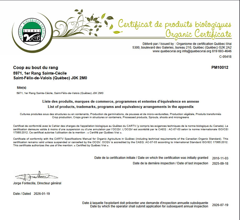 Certificat de Québec Vrai